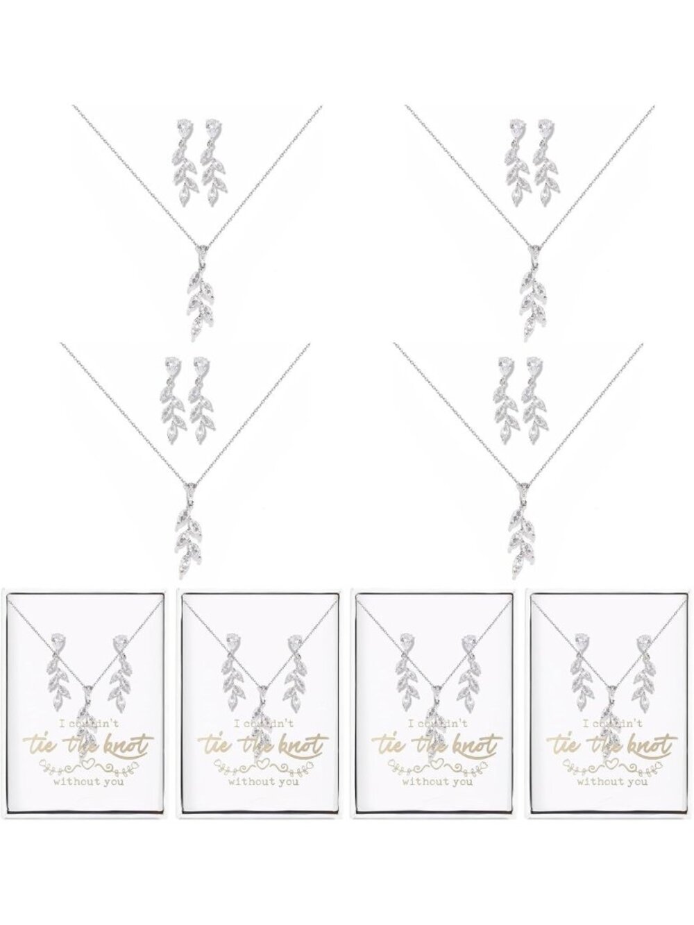 Bridesmaid Jewelry Set - Cubic Zirconia Leaf Pendant Necklace & Earrings Gift